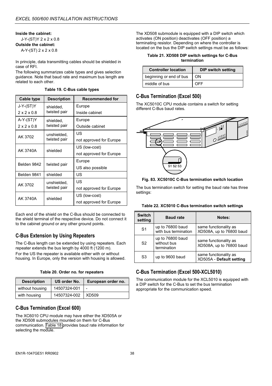 N "c-bus termination (excel 600)" o, C-bus termination (excel 600), N "c-bus termination (excel 500)" o | Age 38, C-bus extension by using repeaters, C-bus termination (excel 500) | Honeywell Excell 500/600 Controll System 500-XCL5010 User Manual | Page 38 / 48