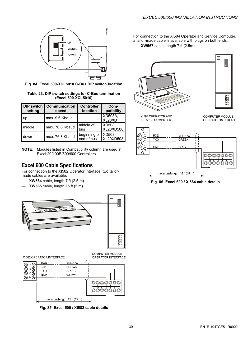 Excel 600 cable specifications | Honeywell Excell 500/600 Controll System 500-XCL5010 User Manual | Page 39 / 48