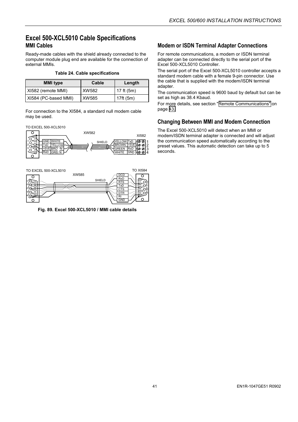 Excel 500-xcl5010 cable specifications, Mmi cables, Modem or isdn terminal adapter connections | Changing between mmi and modem connection | Honeywell Excell 500/600 Controll System 500-XCL5010 User Manual | Page 41 / 48