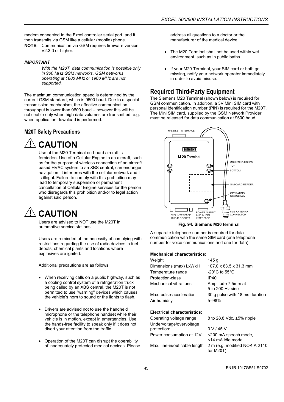 M20t safety precautions, Required third-party equipment, Caution | Honeywell Excell 500/600 Controll System 500-XCL5010 User Manual | Page 45 / 48
