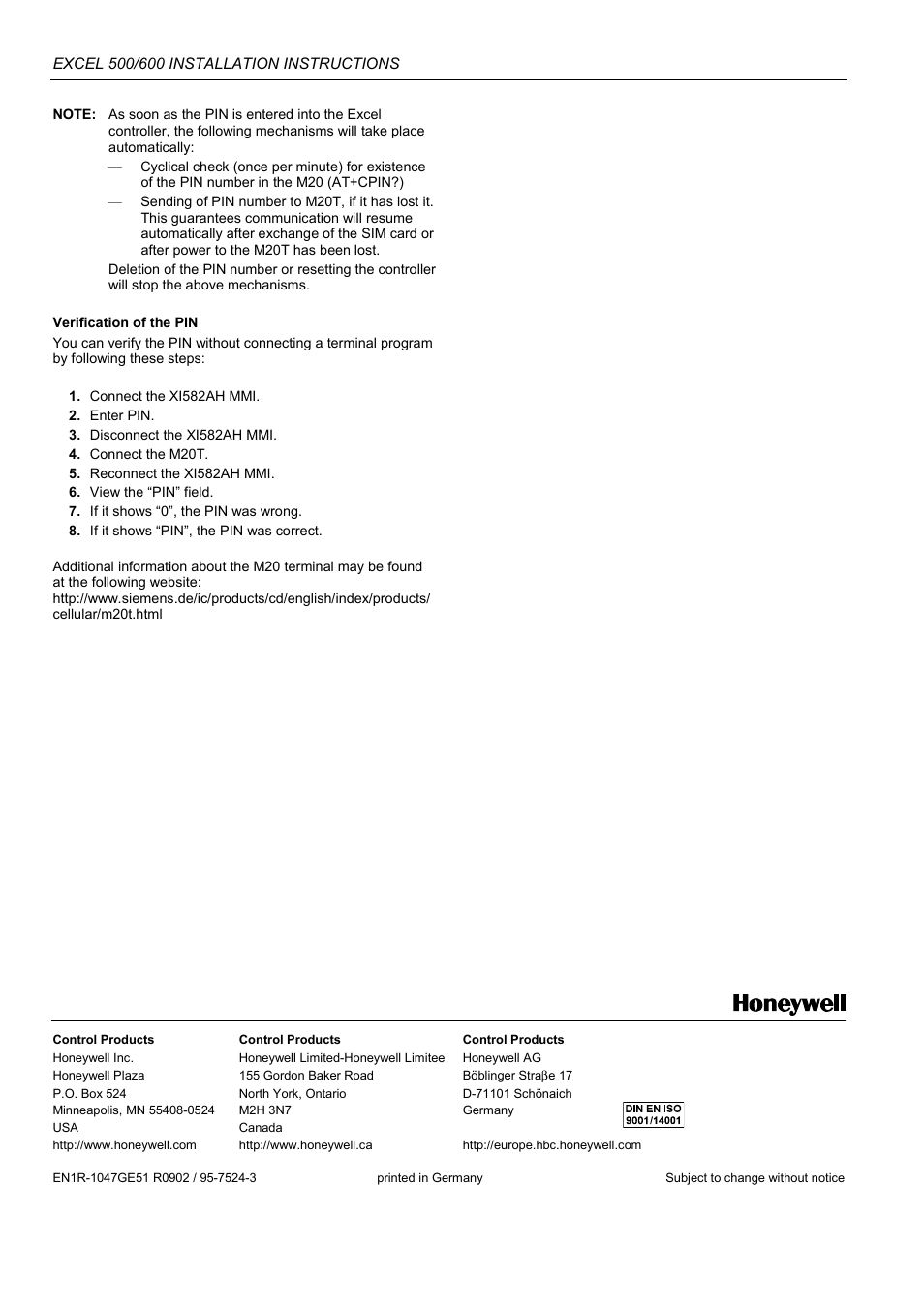 Honeywell Excell 500/600 Controll System 500-XCL5010 User Manual | Page 48 / 48