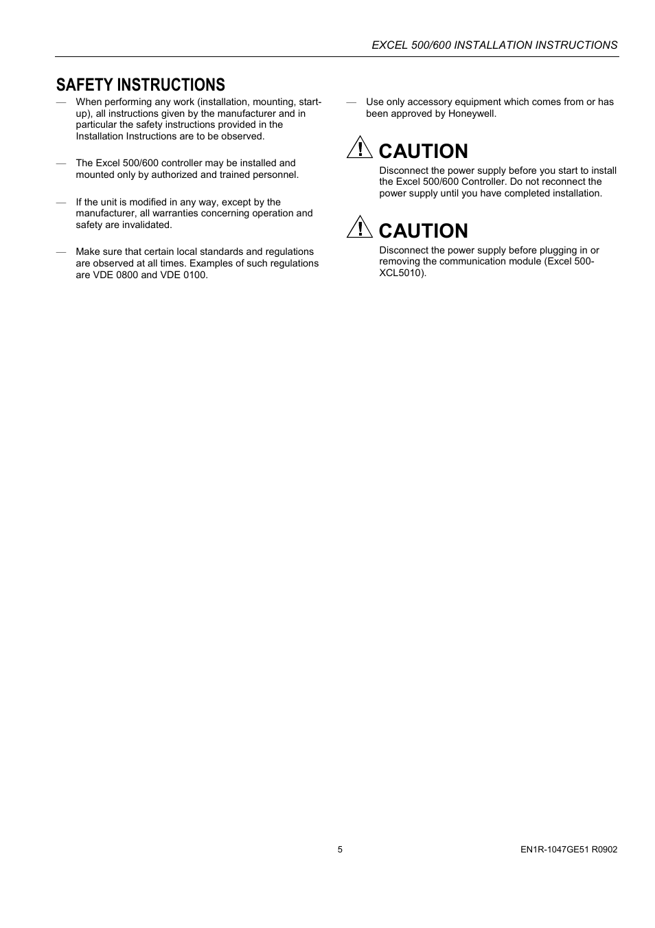 Safety instructions, Caution | Honeywell Excell 500/600 Controll System 500-XCL5010 User Manual | Page 5 / 48