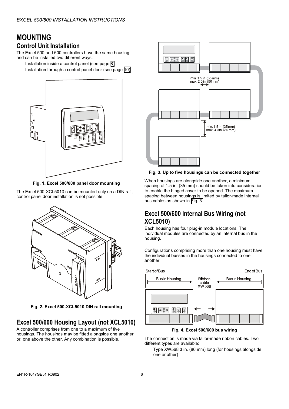 Mounting, Control unit installation | Honeywell Excell 500/600 Controll System 500-XCL5010 User Manual | Page 6 / 48