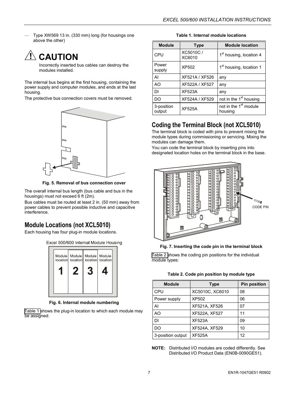 Caution, Module locations (not xcl5010), Coding the terminal block (not xcl5010) | Honeywell Excell 500/600 Controll System 500-XCL5010 User Manual | Page 7 / 48