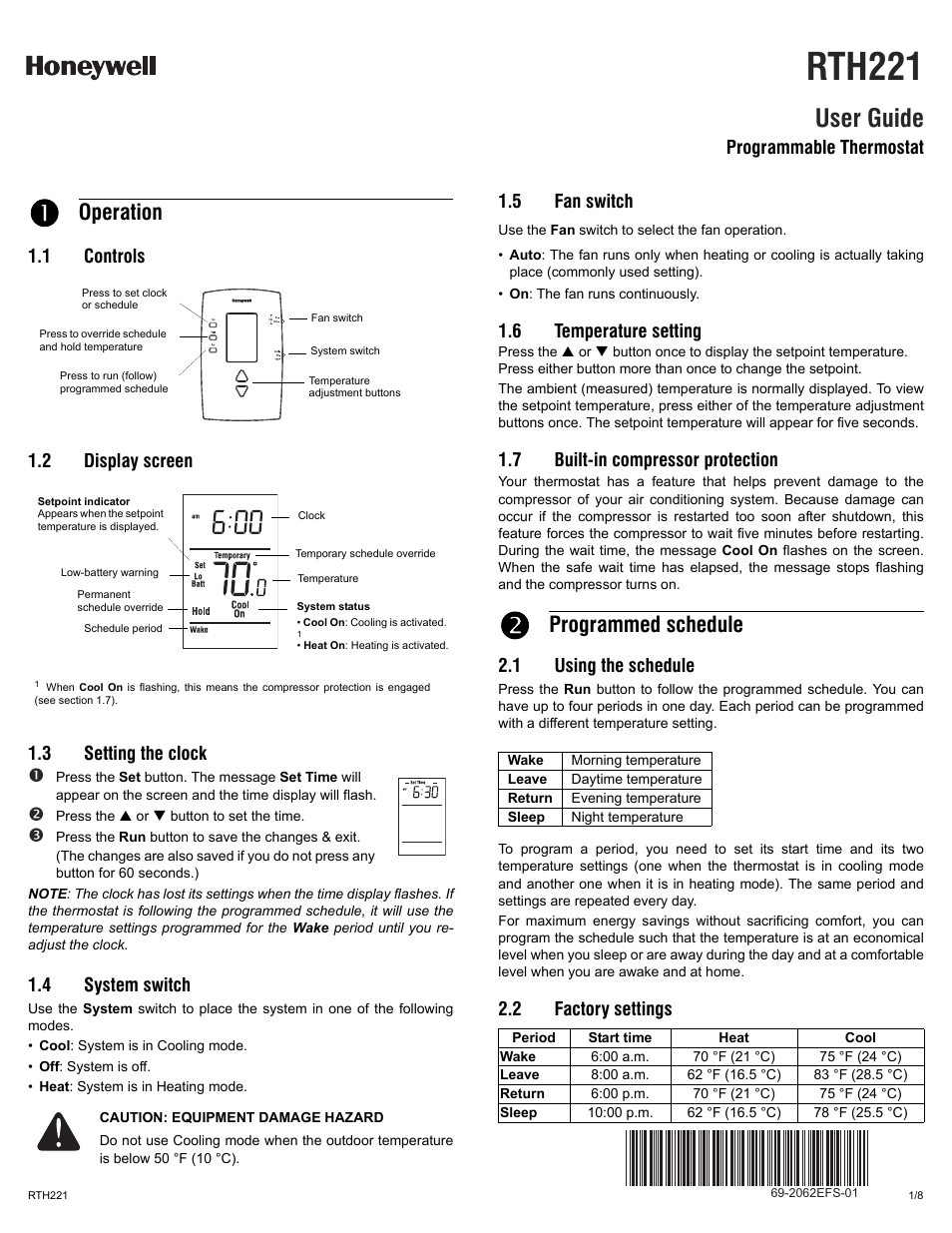 Honeywell RTH221 User Manual | 8 pages