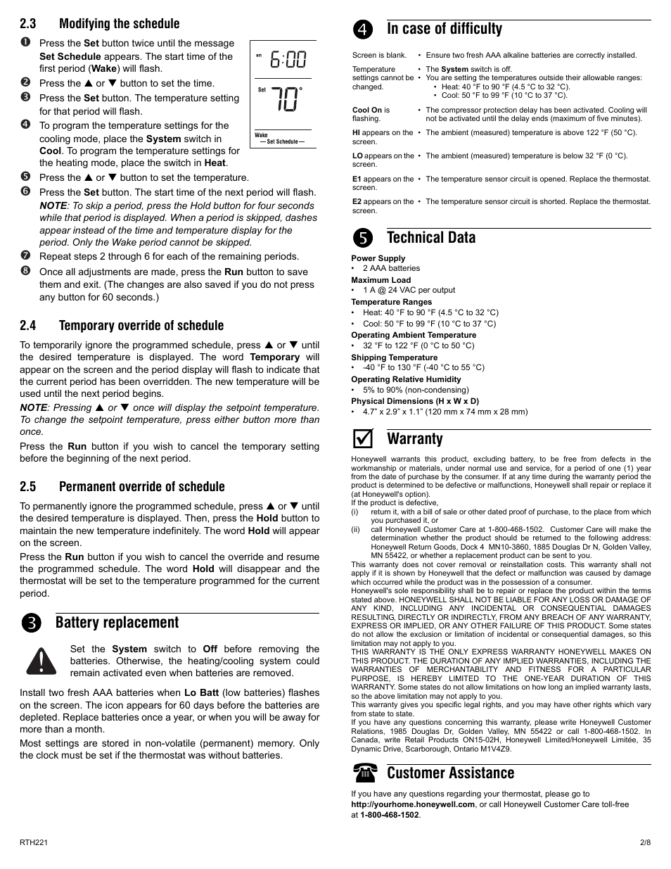 Battery replacement, Technical data, Warranty | Customer assistance | Honeywell RTH221 User Manual | Page 2 / 8