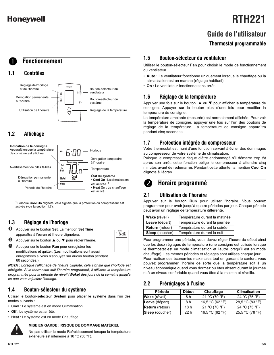 Rth221, Guide de l’utilisateur, Fonctionnement | Horaire programmé, 4 bouton-sélecteur du système, 5 bouton-sélecteur du ventilateur, 6 réglage de la température, 7 protection intégrée du compresseur, 1 utilisation de l’horaire, 2 préréglages à l’usine | Honeywell RTH221 User Manual | Page 3 / 8