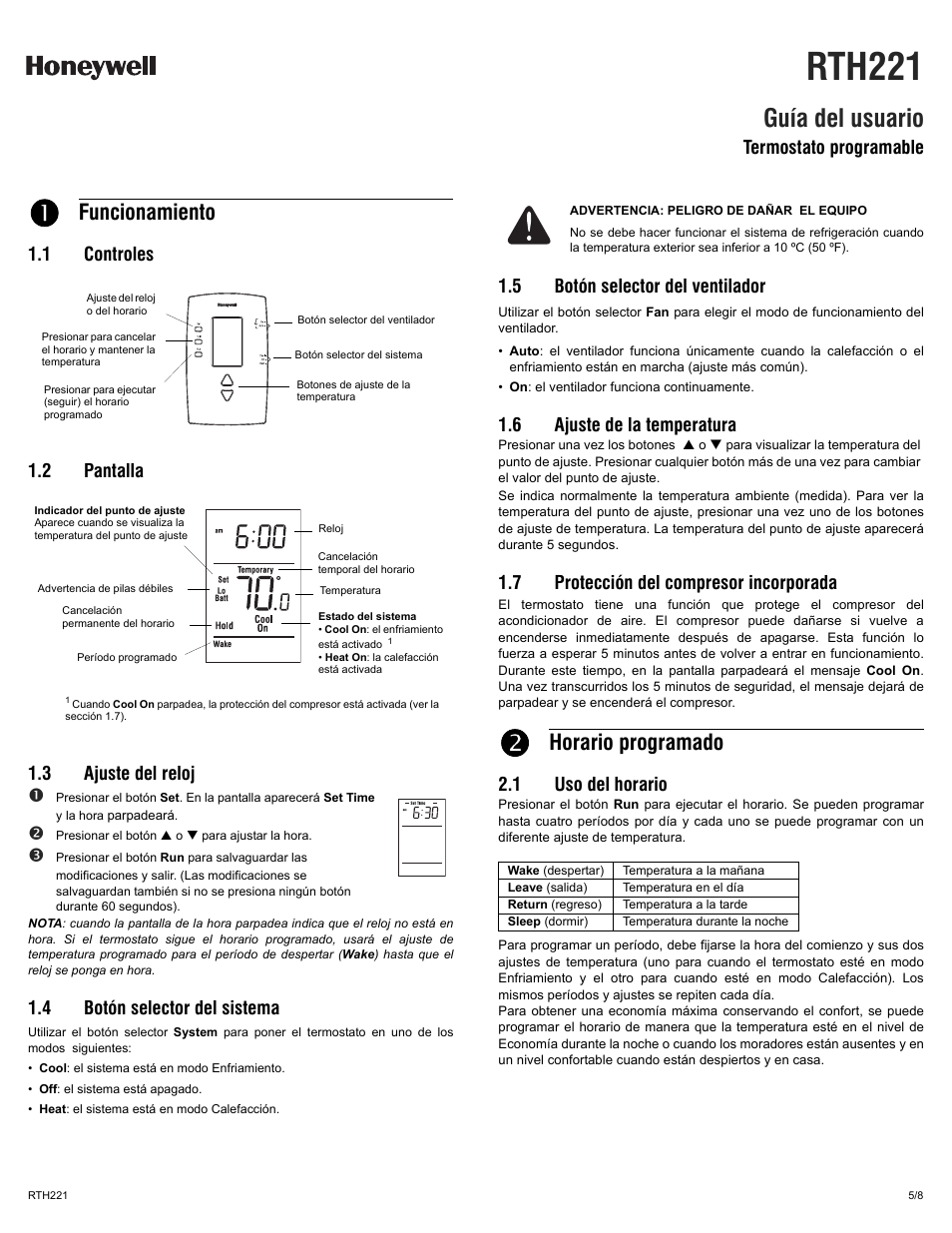 Rth221, Guía del usuario, Funcionamiento | Horario programado, 4 botón selector del sistema, 5 botón selector del ventilador, 6 ajuste de la temperatura, 7 protección del compresor incorporada, 1 uso del horario, Termostato programable | Honeywell RTH221 User Manual | Page 5 / 8