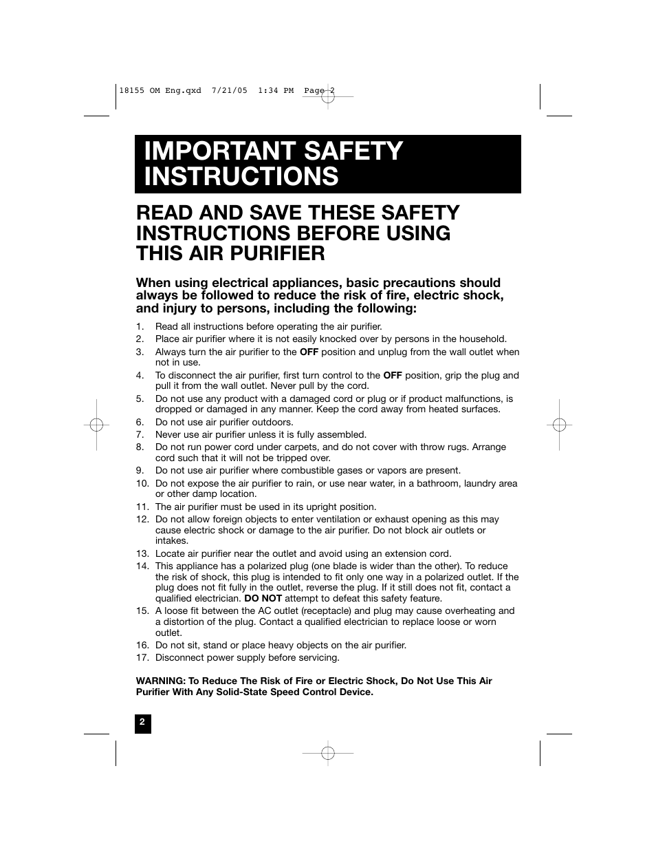 Important safety instructions | Honeywell 18155 User Manual | Page 2 / 8