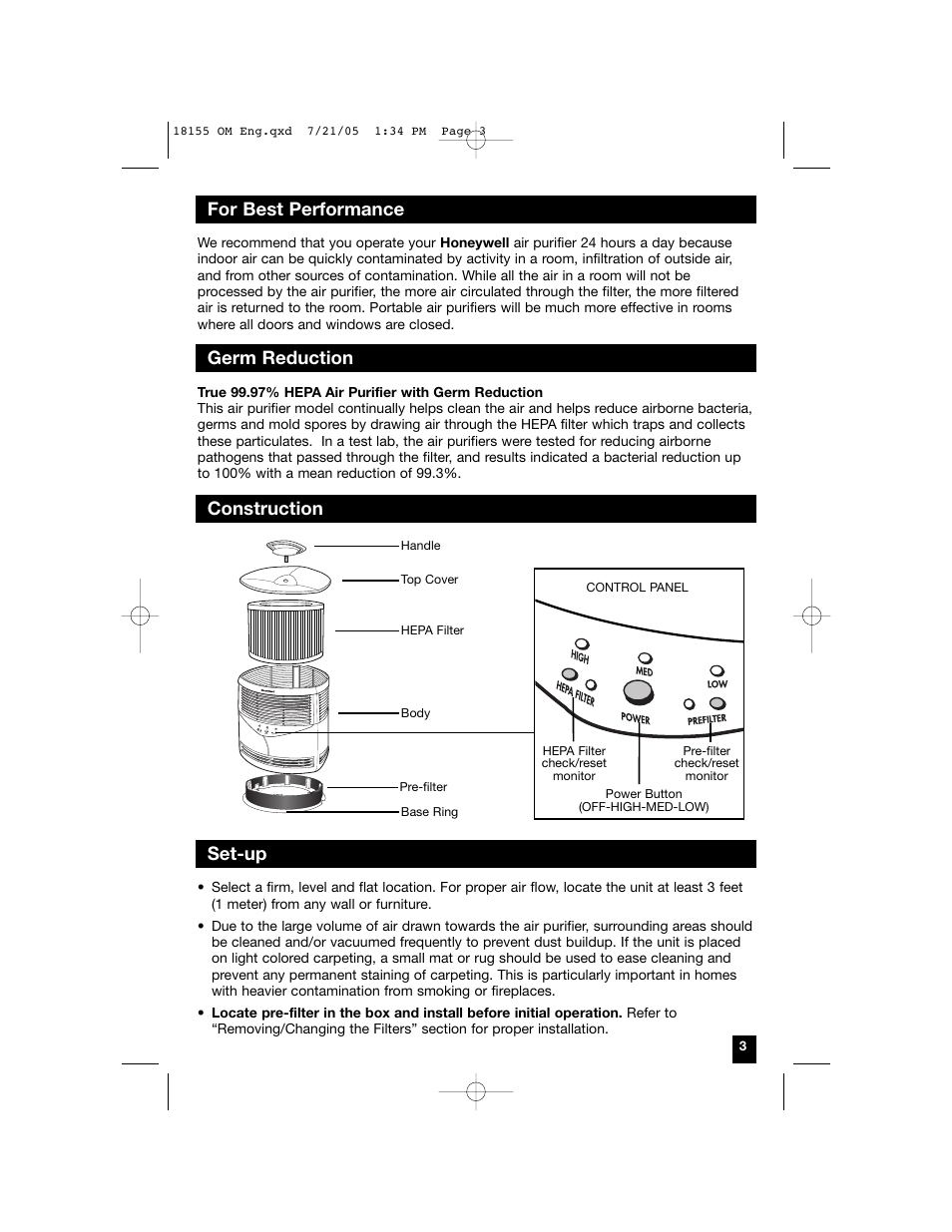 For best performance, Germ reduction construction, Set-up | Honeywell 18155 User Manual | Page 3 / 8