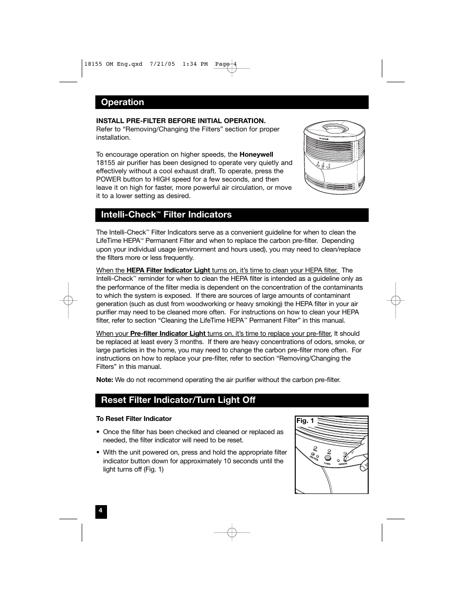 Operation intelli-check | Honeywell 18155 User Manual | Page 4 / 8