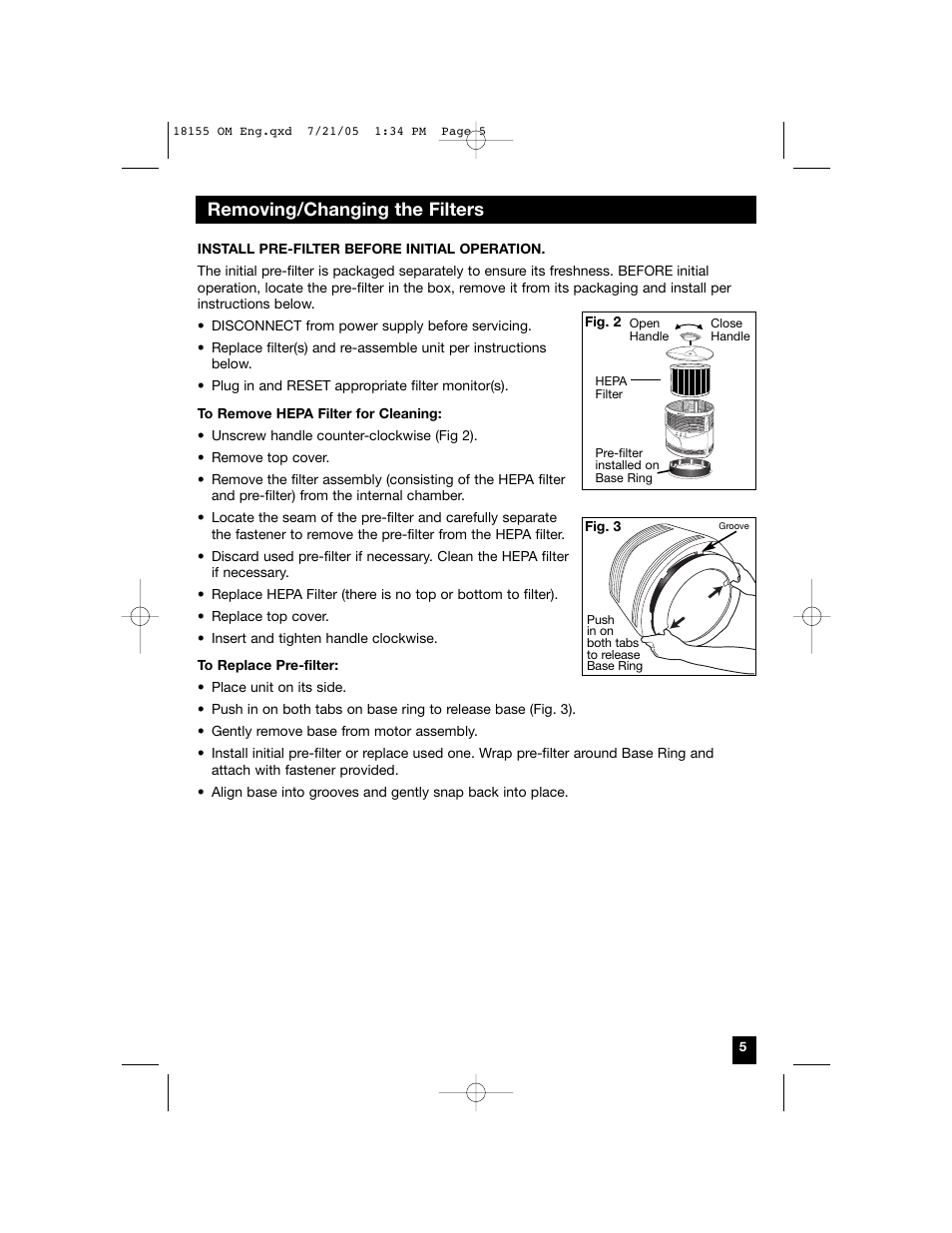 Removing/changing the filters | Honeywell 18155 User Manual | Page 5 / 8