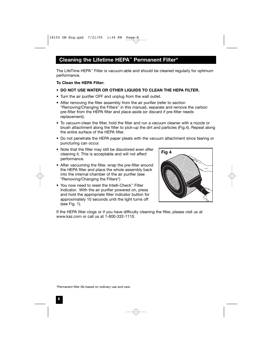 Cleaning the lifetime hepa, Permanent filter | Honeywell 18155 User Manual | Page 6 / 8