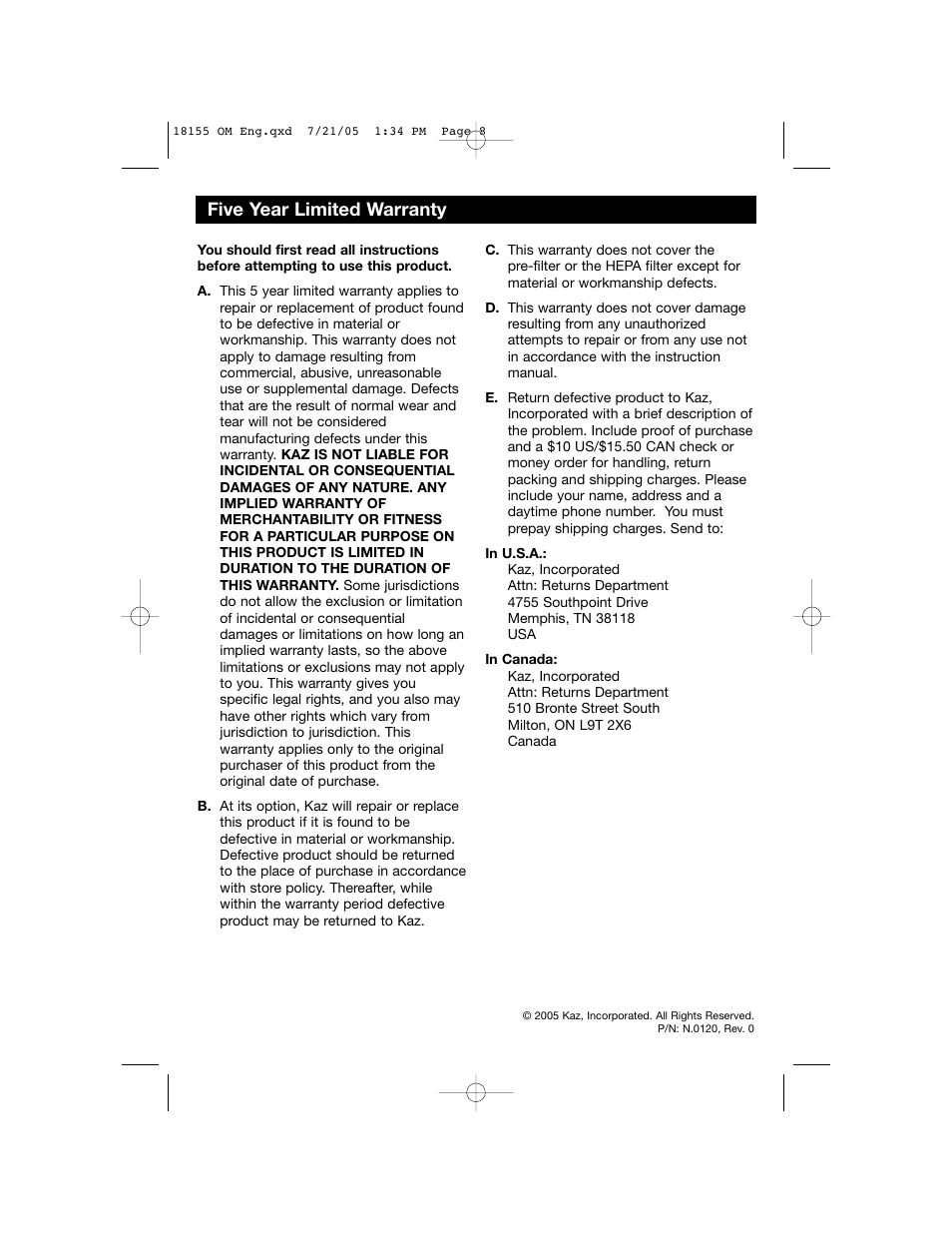 Storage five year limited warranty | Honeywell 18155 User Manual | Page 8 / 8