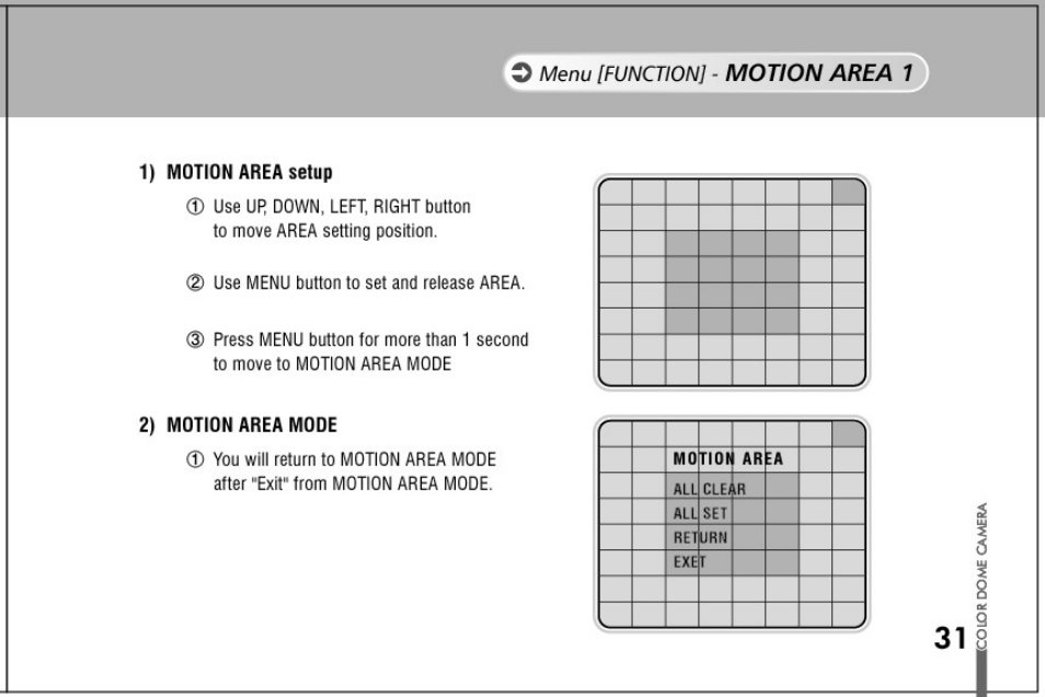 1) motion area setup, 2) motion area mode, Motion area 1 | Honeywell HD61 User Manual | Page 31 / 40