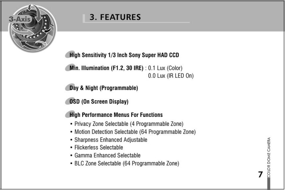 Features, High sensitivity 1/3 inch sony super had ccd, Day & night (programmable) | Osd (on screen display), High performance menus for functions | Honeywell HD61 User Manual | Page 7 / 40
