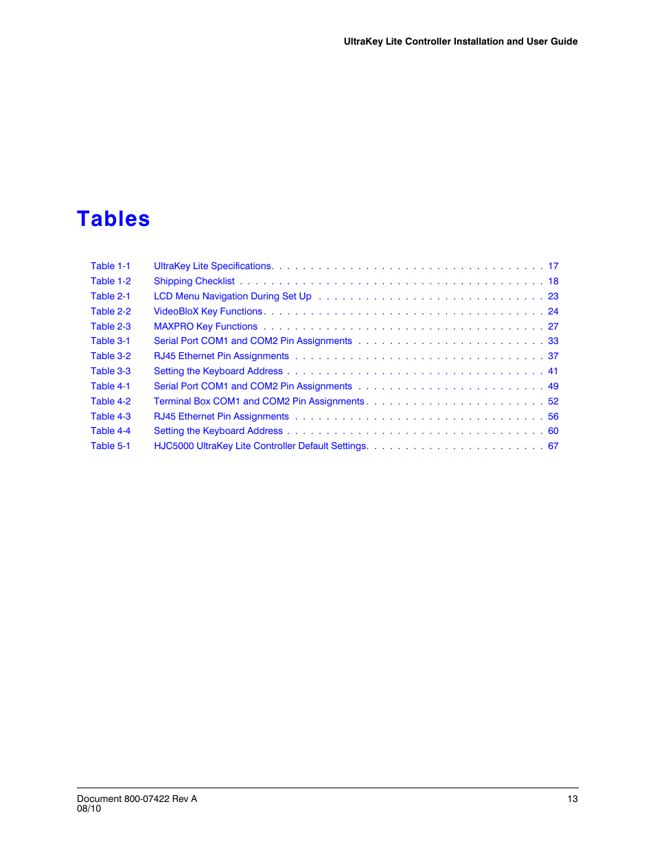 Tables | Honeywell ULTRAKEY LITE HJC5000 User Manual | Page 13 / 72