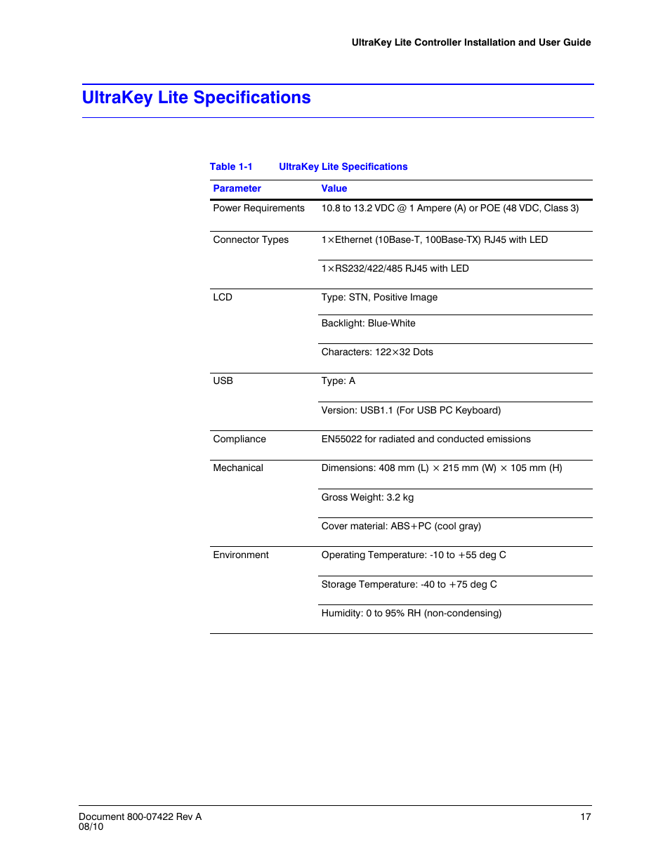 Ultrakey lite specifications, Table 1-1 | Honeywell ULTRAKEY LITE HJC5000 User Manual | Page 17 / 72