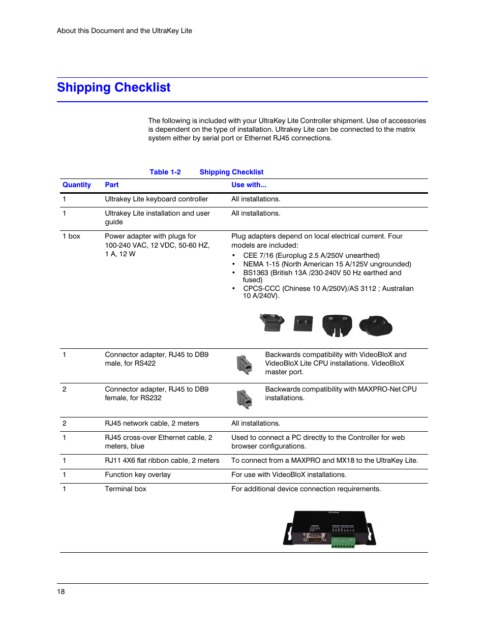 Shipping checklist, Table 1-2 | Honeywell ULTRAKEY LITE HJC5000 User Manual | Page 18 / 72