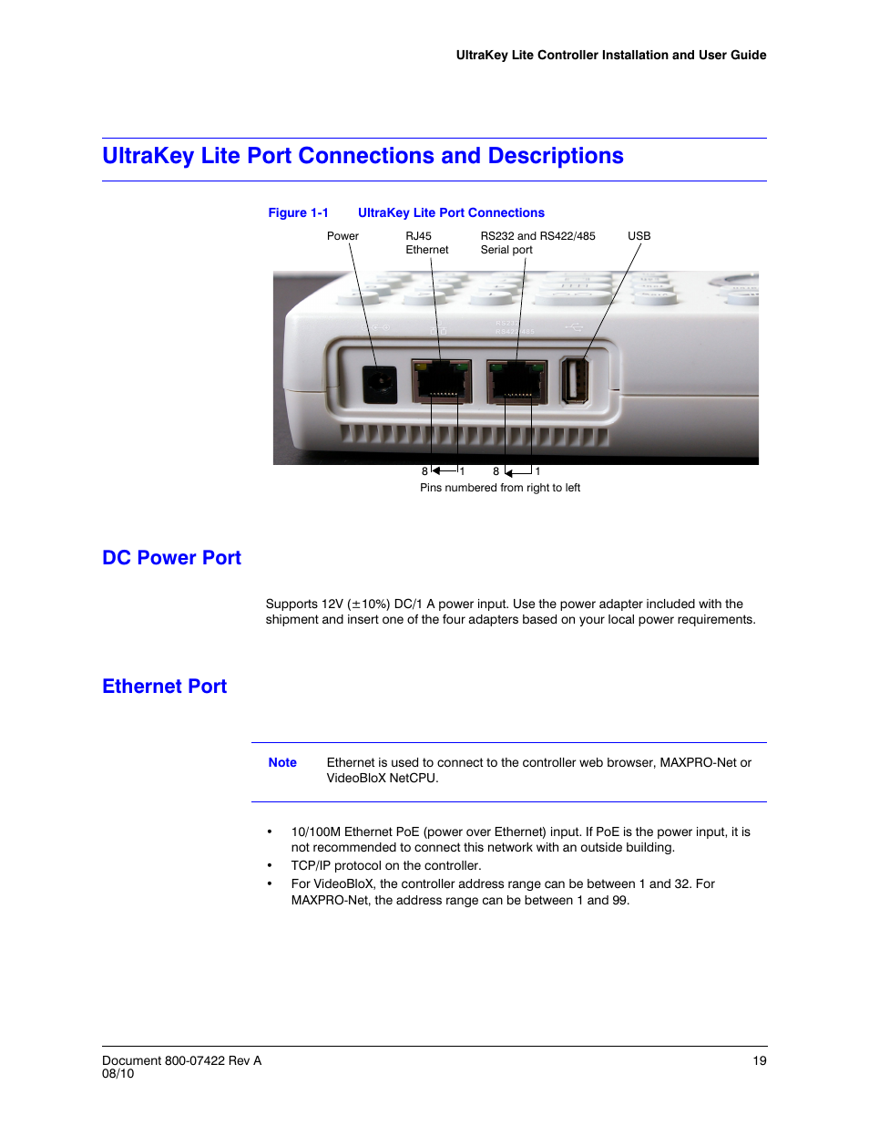 Ultrakey lite port connections and descriptions, Dc power port, Ethernet port | Figure 1-1, Ultrakey lite port connections | Honeywell ULTRAKEY LITE HJC5000 User Manual | Page 19 / 72