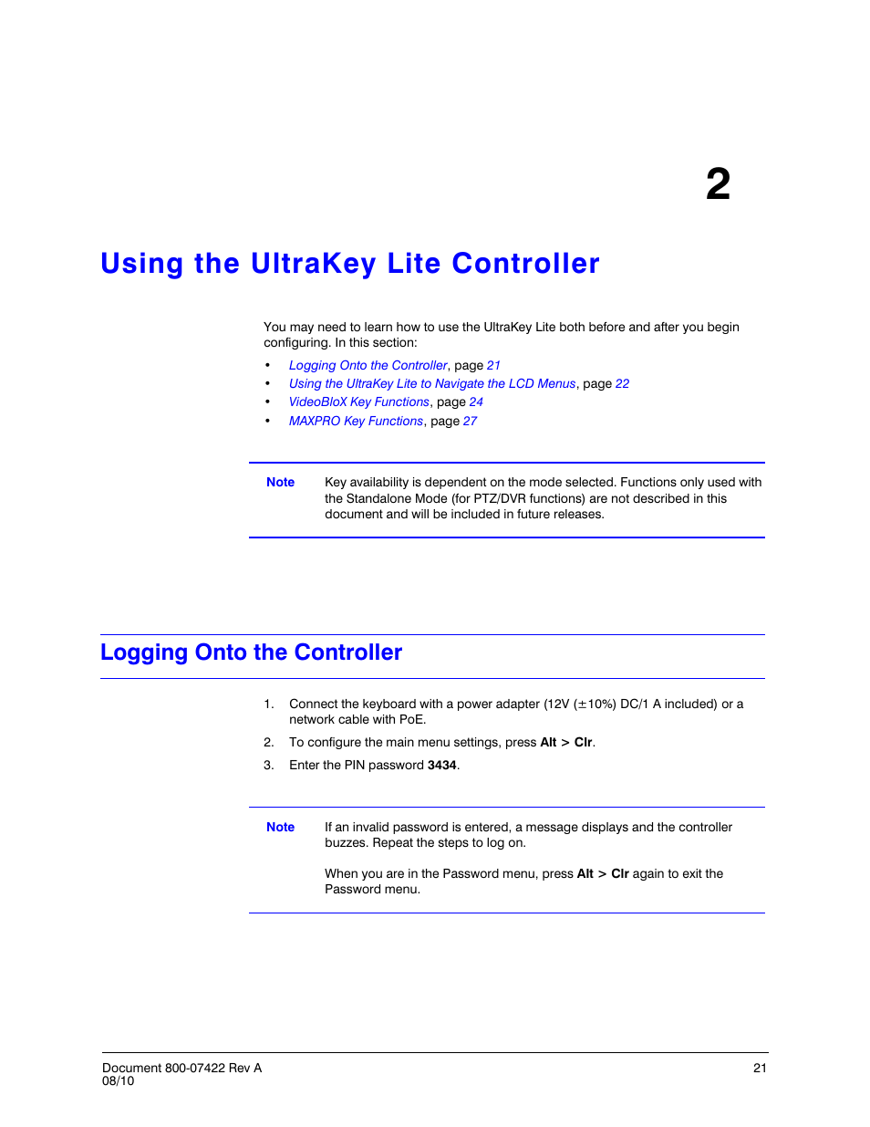 Using the ultrakey lite controller 2, Logging onto the controller, Using the ultrakey lite controller | Chapter 2 | Honeywell ULTRAKEY LITE HJC5000 User Manual | Page 21 / 72