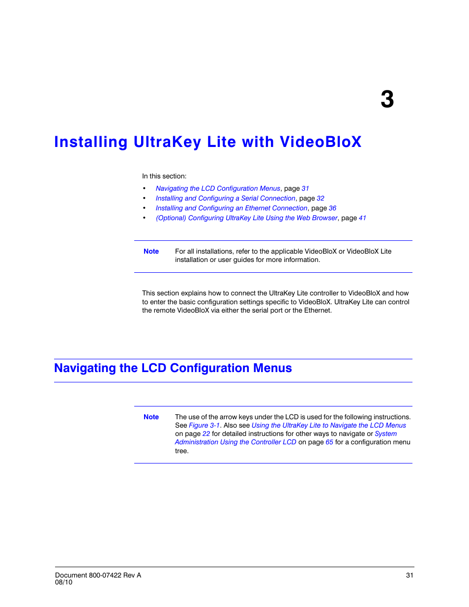 Installing ultrakey lite with videoblox 3, Navigating the lcd configuration menus, Installing ultrakey lite with videoblox | Chapter 3 | Honeywell ULTRAKEY LITE HJC5000 User Manual | Page 31 / 72
