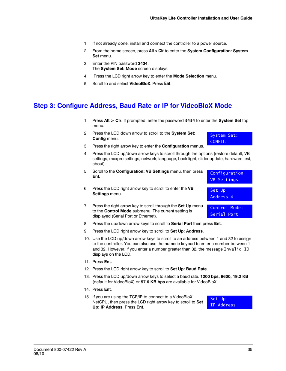 Ns to, Mode, Step 3: configure address, baud | Rate or ip for videoblox mode | Honeywell ULTRAKEY LITE HJC5000 User Manual | Page 35 / 72