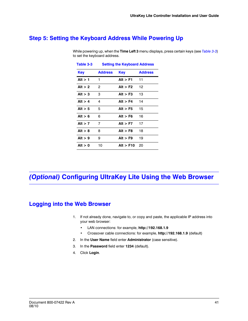 Logging into the web browser, Table 3-3, Setting the keyboard address | Honeywell ULTRAKEY LITE HJC5000 User Manual | Page 41 / 72