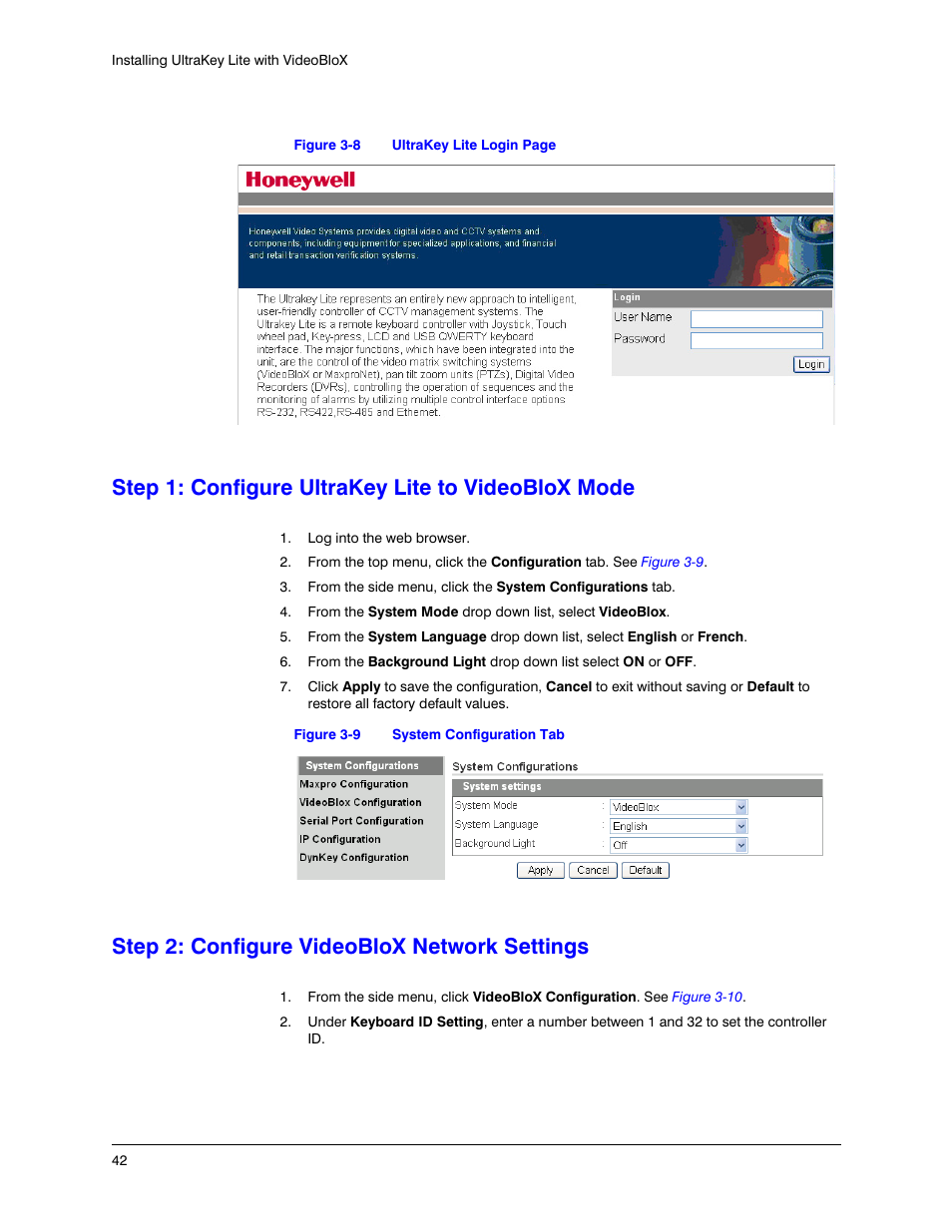 Step 1: configure ultrakey lite to videoblox mode, Step 2: configure videoblox network settings, Figure 3-8 | Figure 3-9, System configuration tab | Honeywell ULTRAKEY LITE HJC5000 User Manual | Page 42 / 72