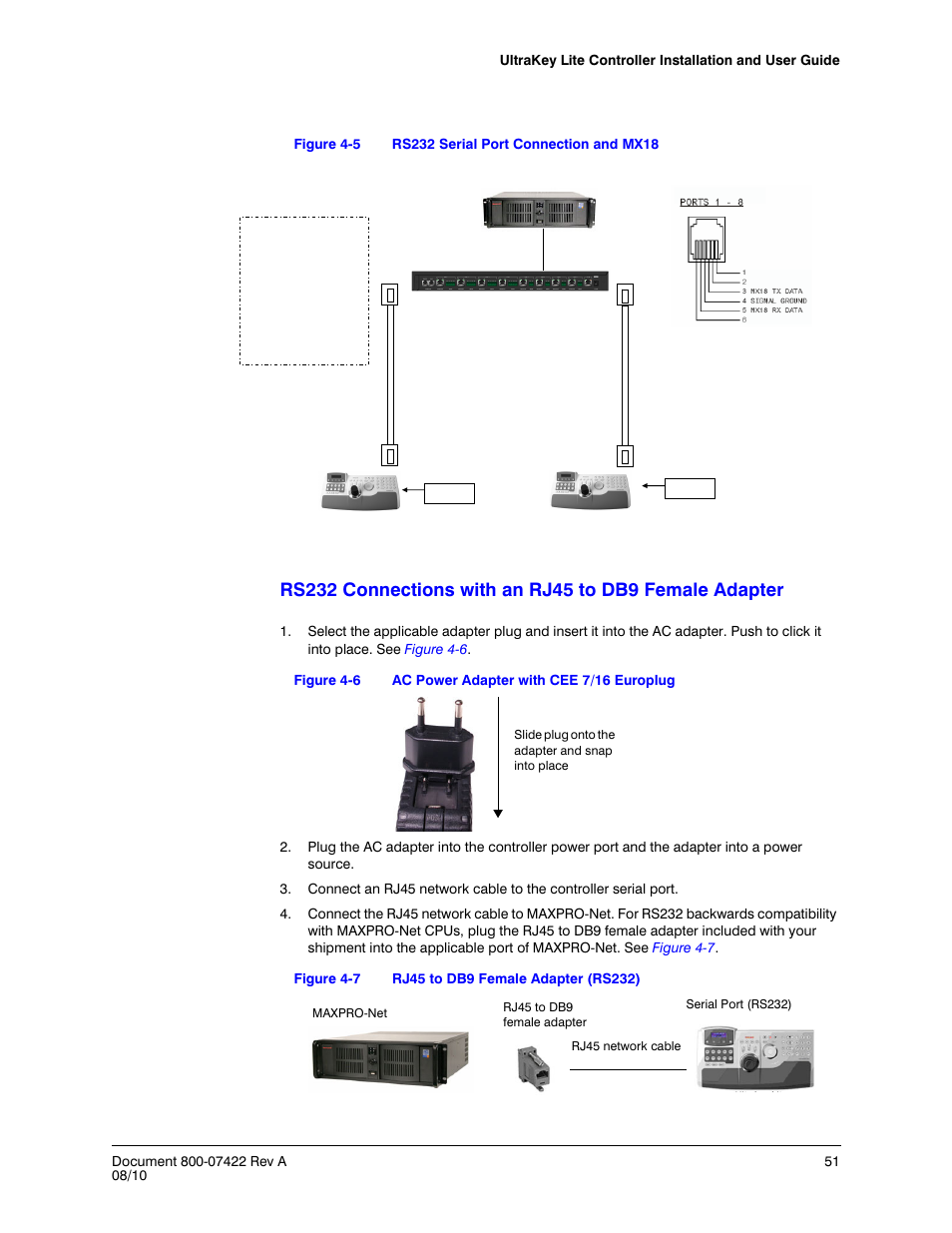 Figure 4-5, Rs232 serial port connection and mx18, Figure 4-6 | Ac power adapter with cee 7/16 europlug, Figure 4-7, Rj45 to db9 female adapter (rs232) | Honeywell ULTRAKEY LITE HJC5000 User Manual | Page 51 / 72