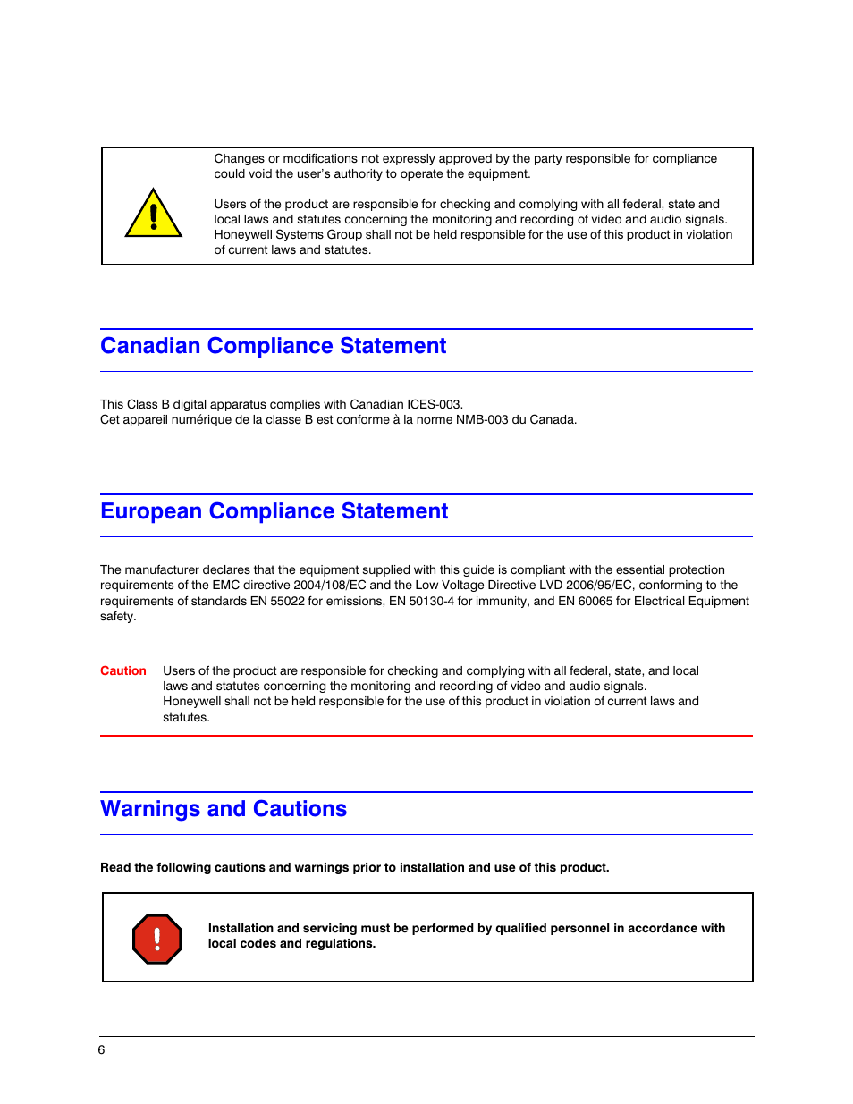 Warnings and cautions, Canadian compliance statement, European compliance statement | Honeywell ULTRAKEY LITE HJC5000 User Manual | Page 6 / 72