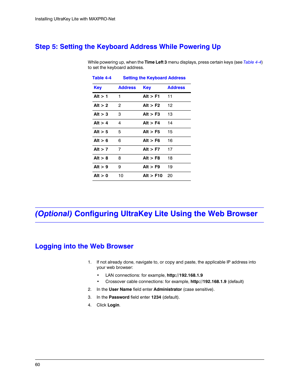 Logging into the web browser, Table 4-4, Setting the keyboard address | Honeywell ULTRAKEY LITE HJC5000 User Manual | Page 60 / 72