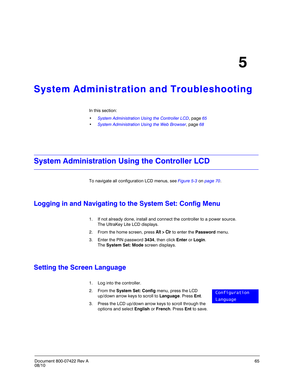 System administration and troubleshooting 5, System administration using the controller lcd, Setting the screen language | System administration and troubleshooting, Chapter 5, System, Administration using the controller lcd | Honeywell ULTRAKEY LITE HJC5000 User Manual | Page 65 / 72