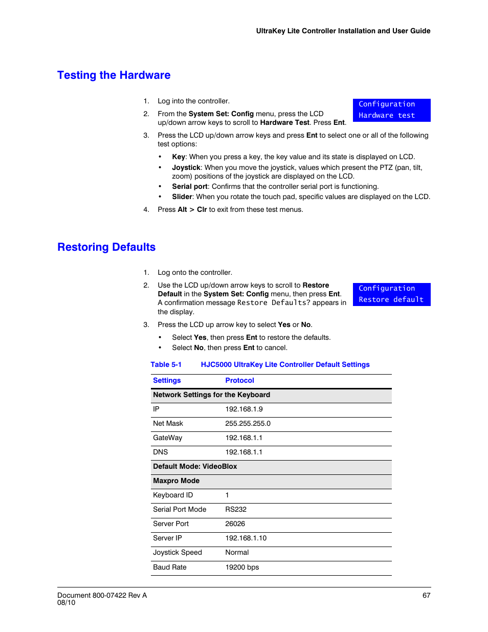 Testing the hardware, Restoring defaults, Table 5-1 | Hjc5000 ultrakey lite controller default settings | Honeywell ULTRAKEY LITE HJC5000 User Manual | Page 67 / 72