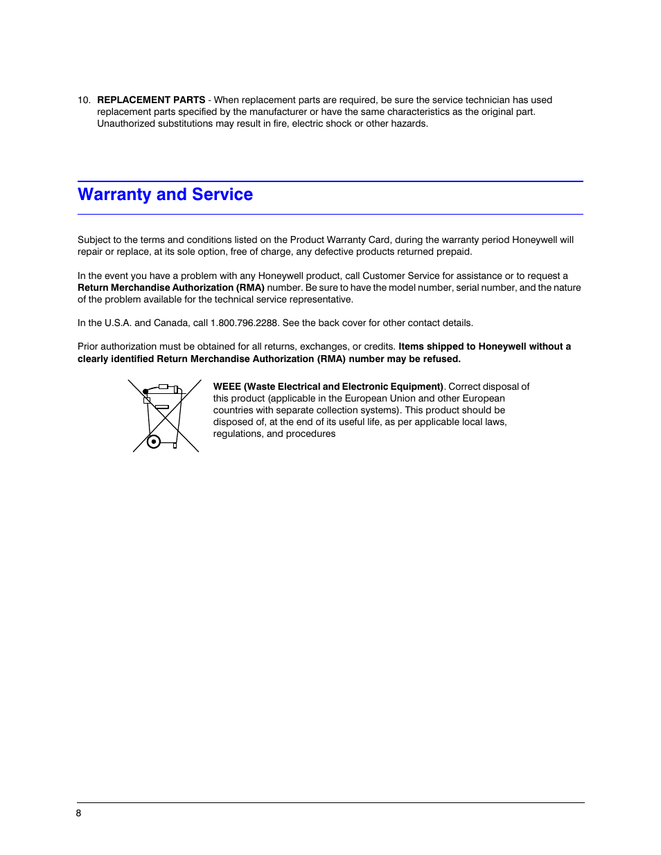 Warranty and service | Honeywell ULTRAKEY LITE HJC5000 User Manual | Page 8 / 72