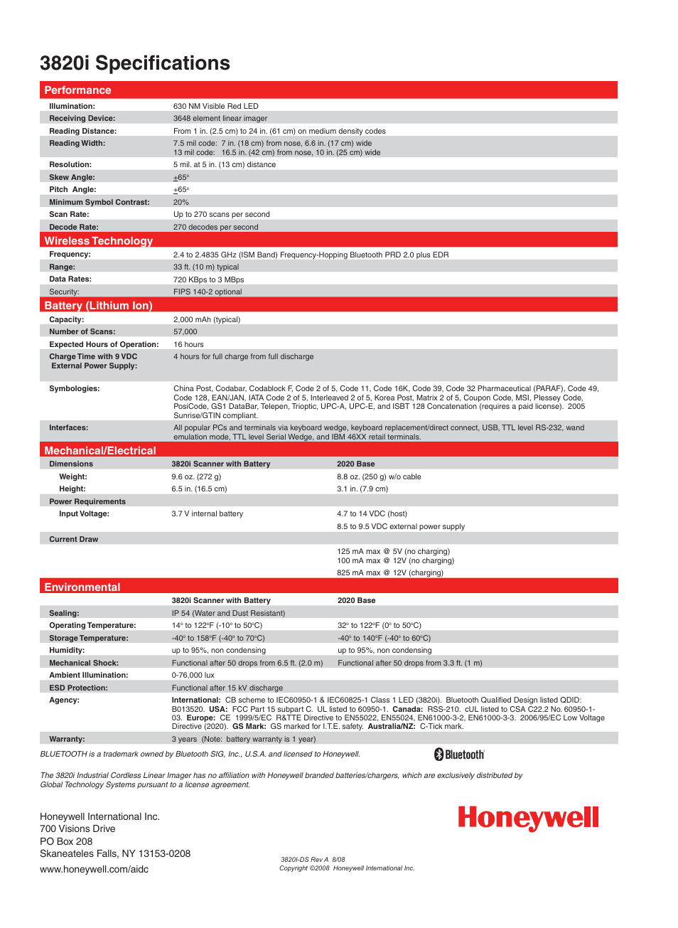 3820i specifications, Performance, Wireless technology | Battery (lithium ion), Mechanical/electrical, Environmental | Honeywell 3820i User Manual | Page 2 / 2