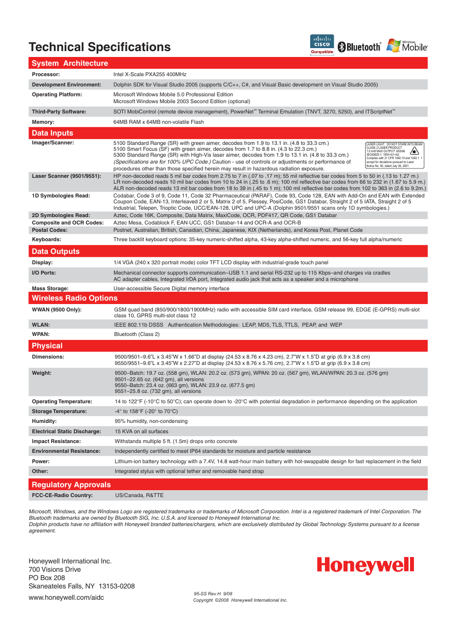Technical specifications, System architecture, Data inputs | Data outputs, Wireless radio options, Physical, Regulatory approvals | Honeywell Dolphin 9500 Series User Manual | Page 2 / 2