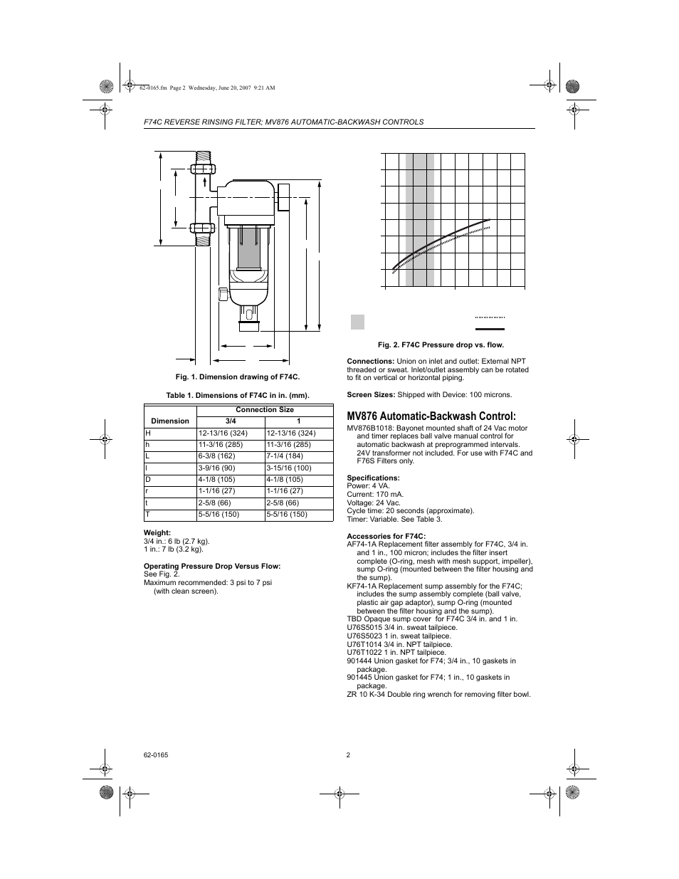 Mv876 automatic-backwash control | Honeywell BRAUKMANN MV876 User Manual | Page 2 / 8