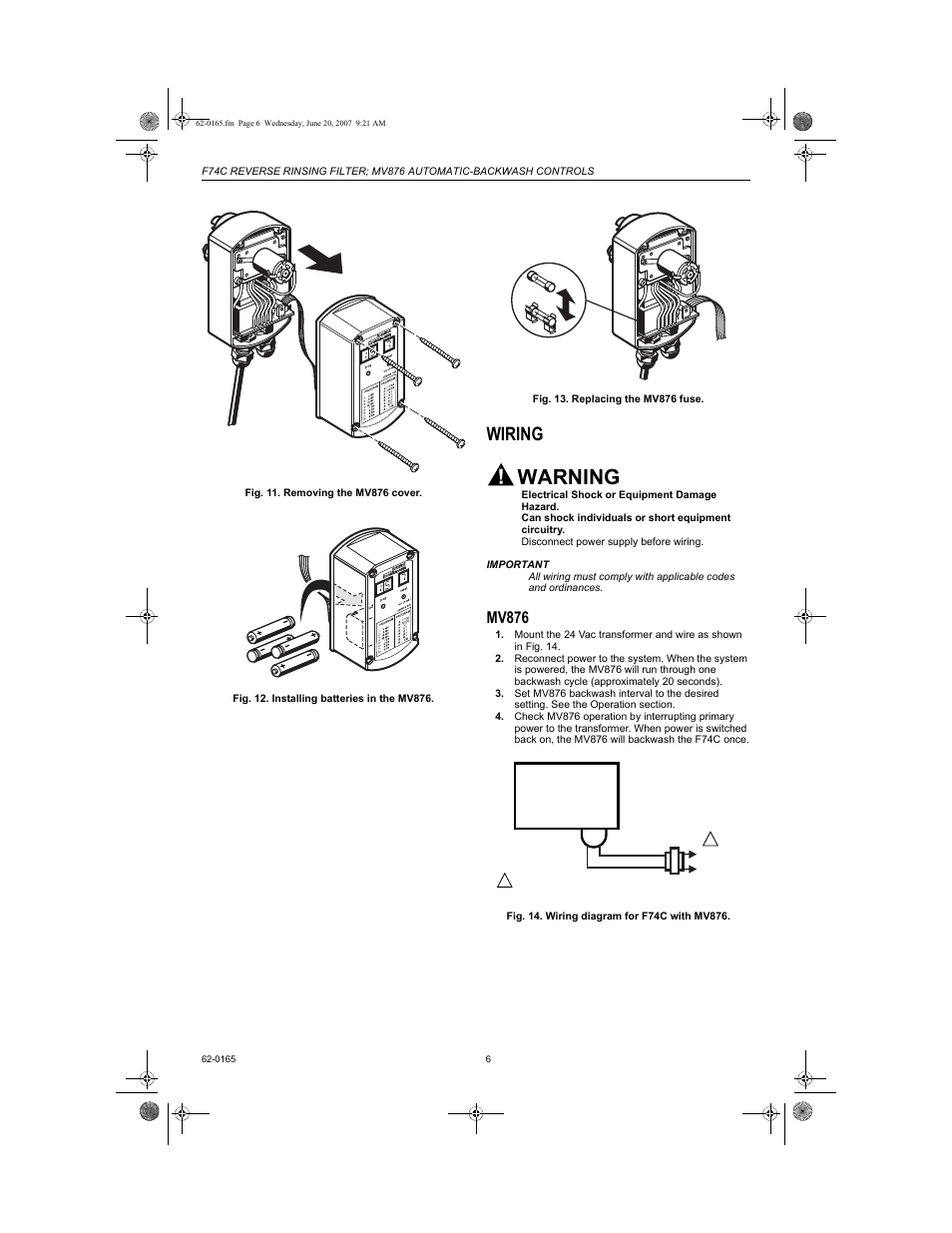 Wiring, Mv876, Warning | Honeywell BRAUKMANN MV876 User Manual | Page 6 / 8