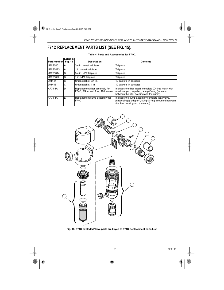 F74c replacement parts list (see fig. 15) | Honeywell BRAUKMANN MV876 User Manual | Page 7 / 8