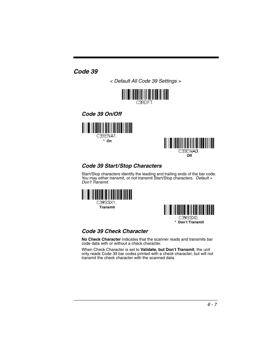Code 39, Code 39 -7, Code 39 on/off code 39 start/stop characters | Code 39 check character | Honeywell VOYAGER 1250G User Manual | Page 103 / 240