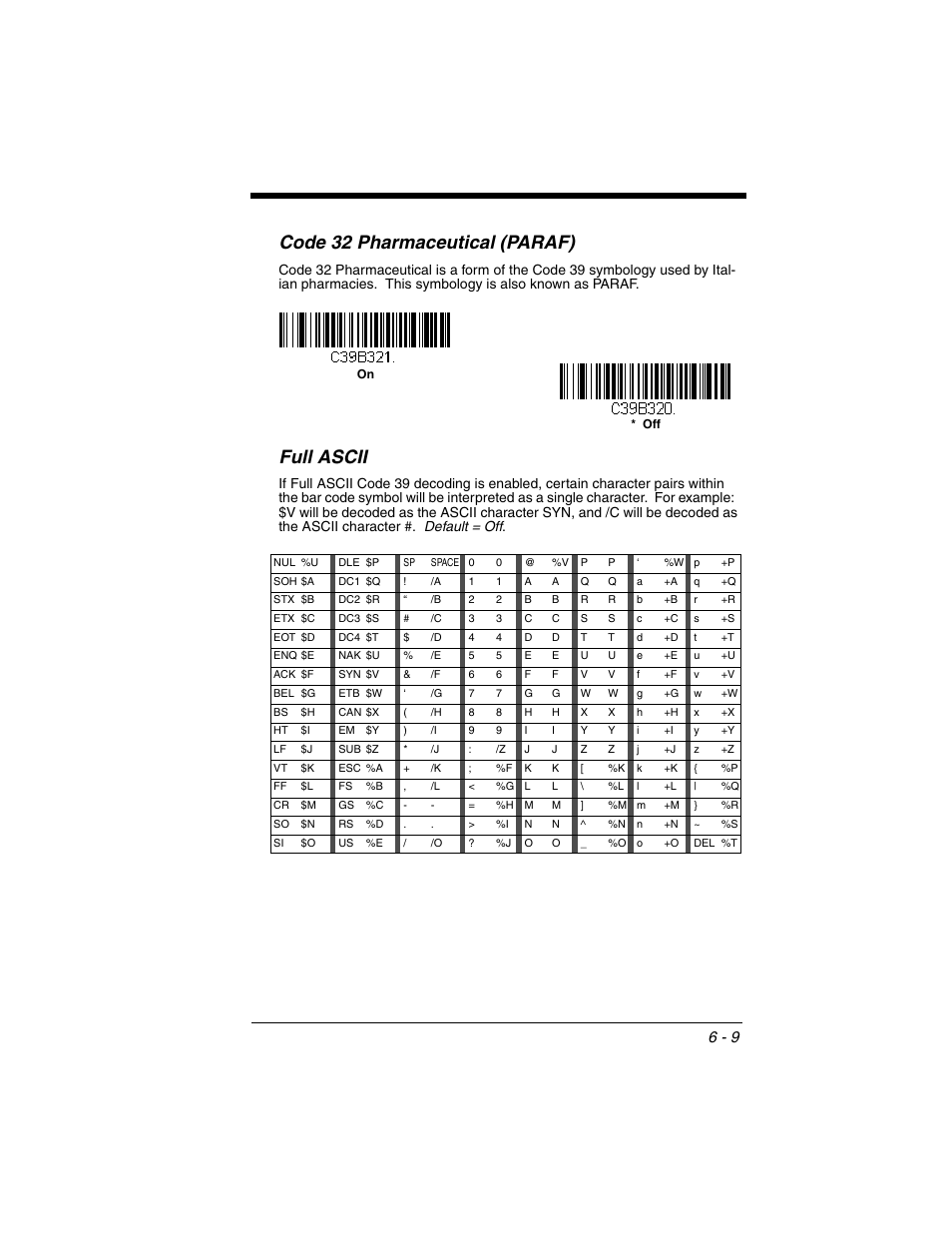 Code 32 pharmaceutical (paraf), Full ascii, Code 32 pharmaceutical (paraf) -9 full ascii -9 | Honeywell VOYAGER 1250G User Manual | Page 105 / 240