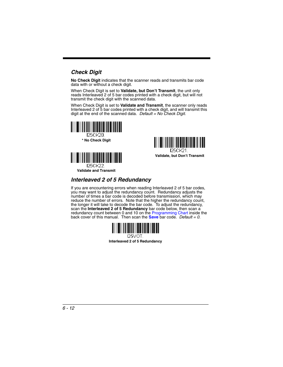 Check digit, Interleaved 2 of 5 redundancy | Honeywell VOYAGER 1250G User Manual | Page 108 / 240
