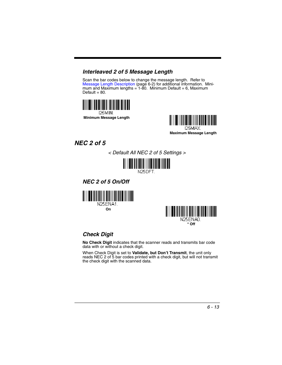 Nec 2 of 5, Nec 2 of 5 -13, Interleaved 2 of 5 message length | Nec 2 of 5 on/off check digit | Honeywell VOYAGER 1250G User Manual | Page 109 / 240