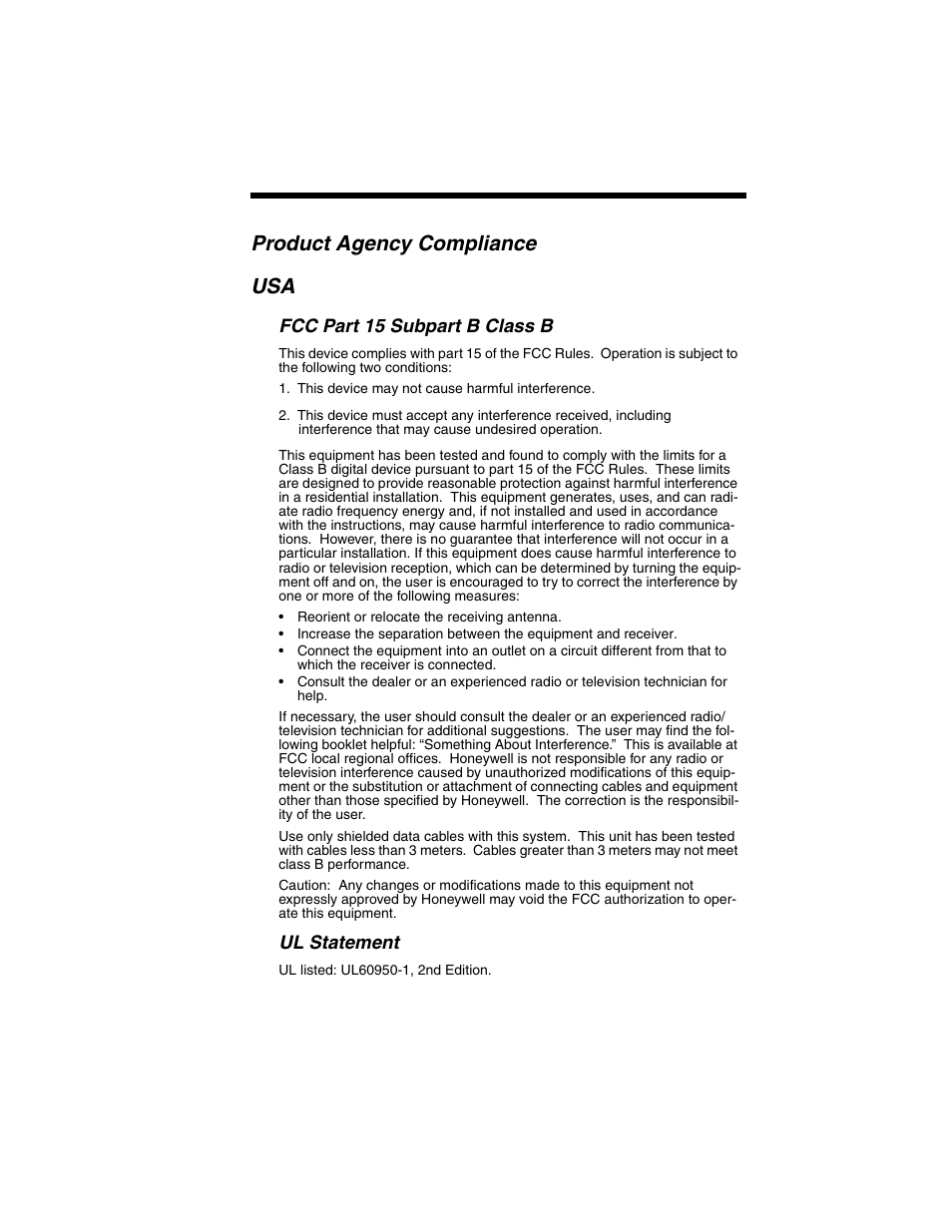 Product agency compliance usa, Fcc part 15 subpart b class b, Ul statement | Honeywell VOYAGER 1250G User Manual | Page 11 / 240