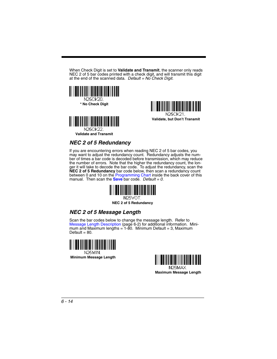 Nec 2 of 5 redundancy, Nec 2 of 5 message length | Honeywell VOYAGER 1250G User Manual | Page 110 / 240