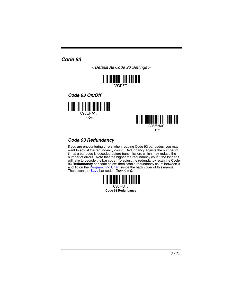 Code 93, Code 93 -15, Code 93 on/off code 93 redundancy | Honeywell VOYAGER 1250G User Manual | Page 111 / 240