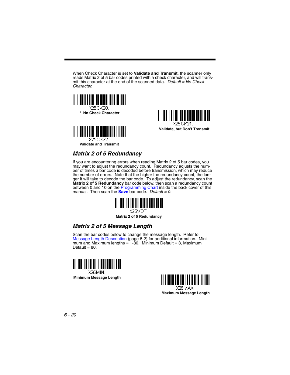 Matrix 2 of 5 redundancy, Matrix 2 of 5 message length | Honeywell VOYAGER 1250G User Manual | Page 116 / 240