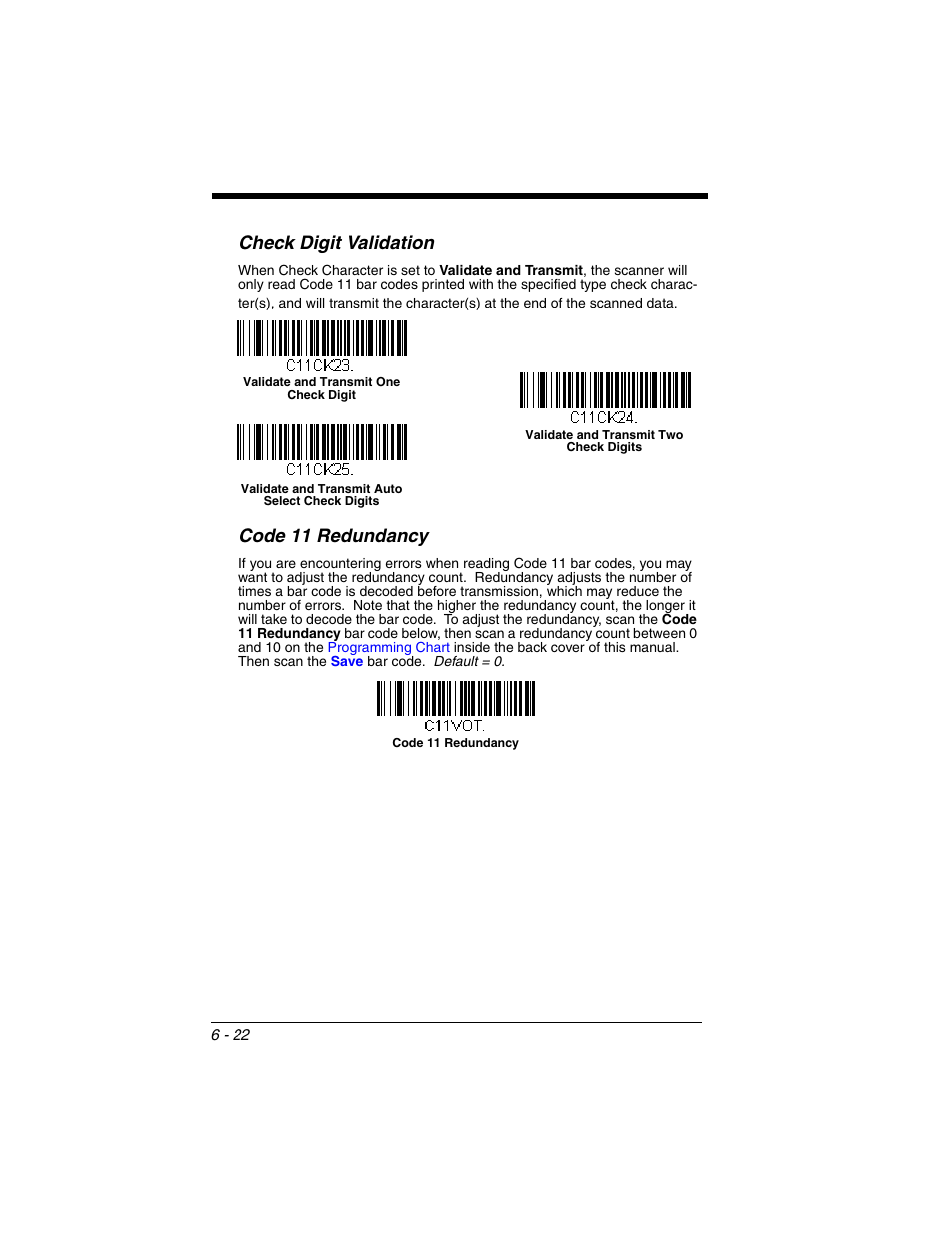 Check digit validation, Code 11 redundancy | Honeywell VOYAGER 1250G User Manual | Page 118 / 240