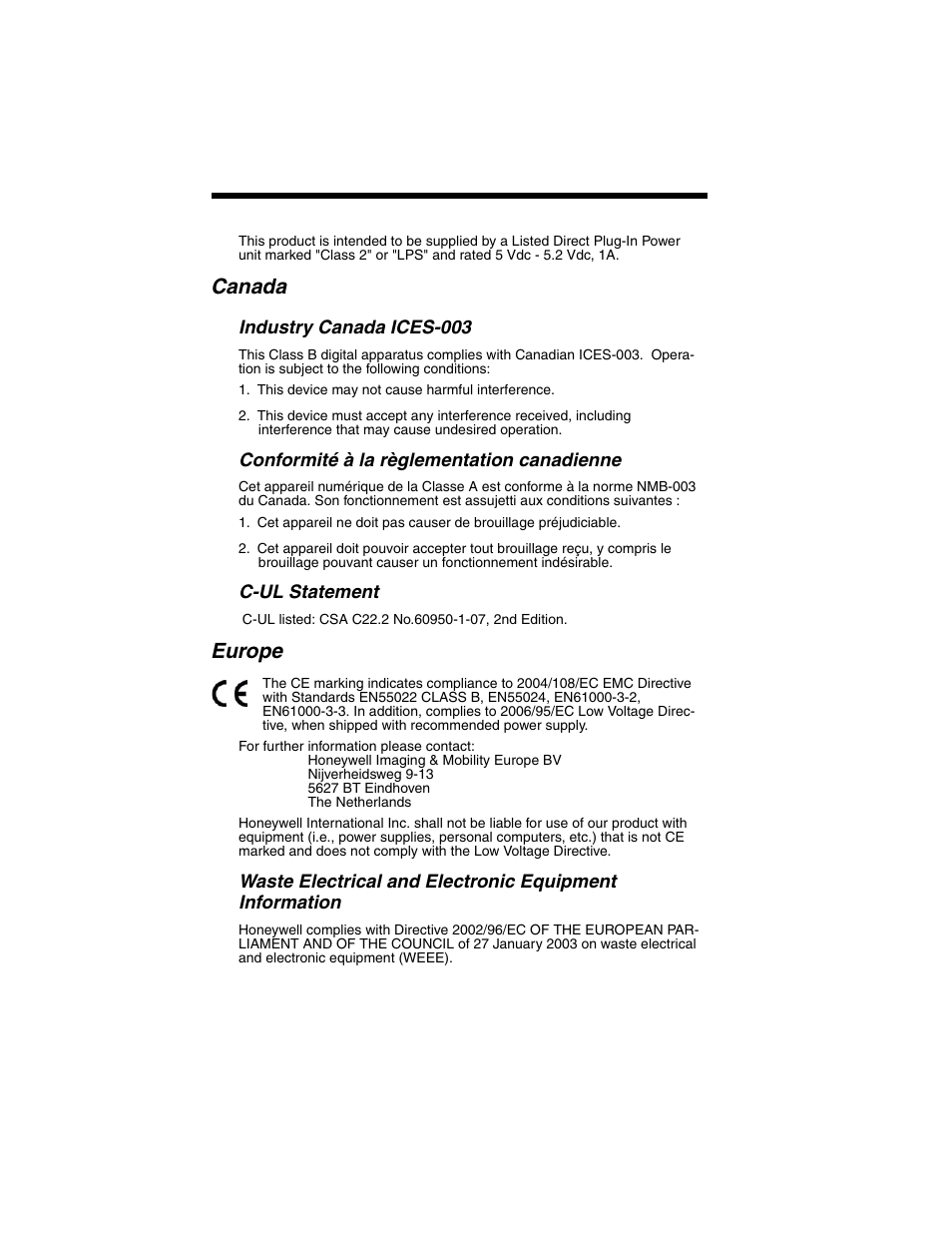 Canada, Europe | Honeywell VOYAGER 1250G User Manual | Page 12 / 240
